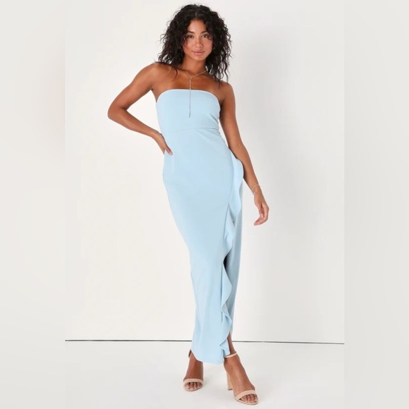 Lulus after hours blue strapless ruffled maxi dress Sz M nwot - Picture 1 of 8